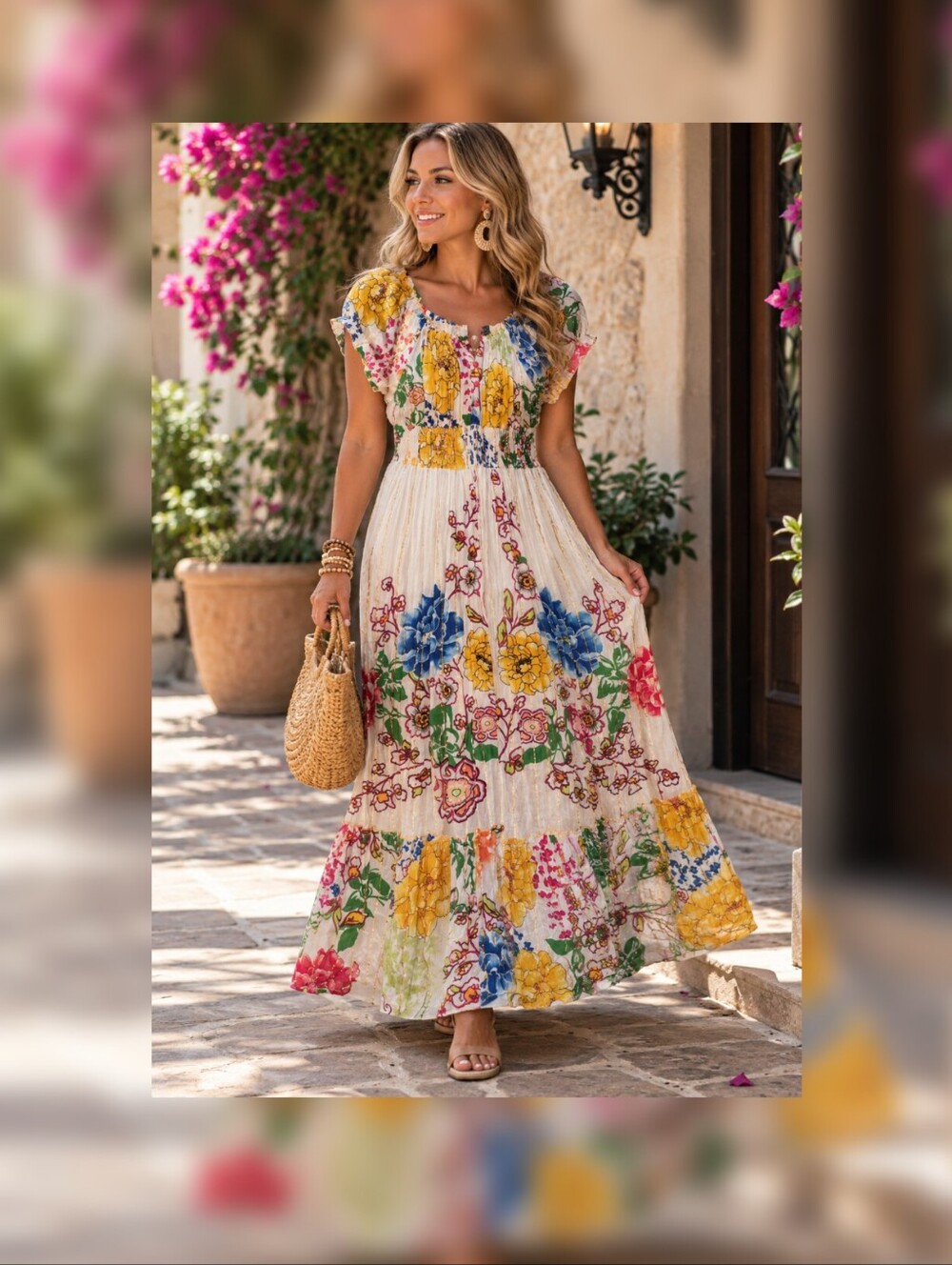 Anthropologie Me 2 Magic Boho Metallic Gold Stripe Floral Maxi Dress L